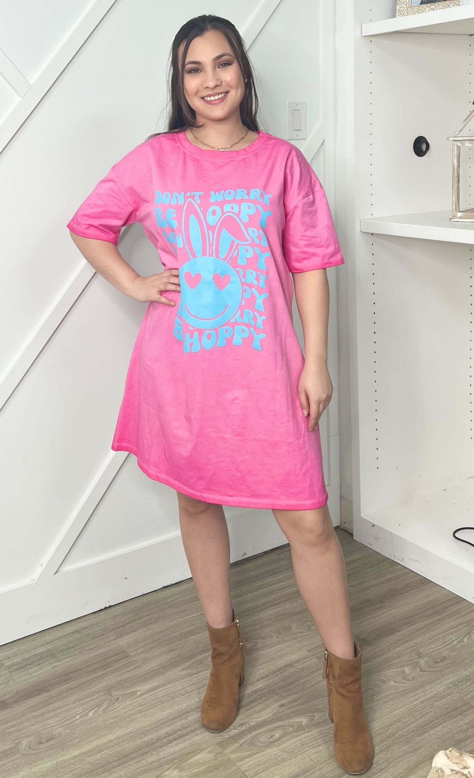 Don't Worry Be Hoppy on Pink T-Shirt Dress