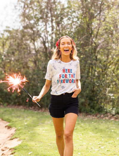 Here for the Fireworks on White Marble Crew Neck Tee