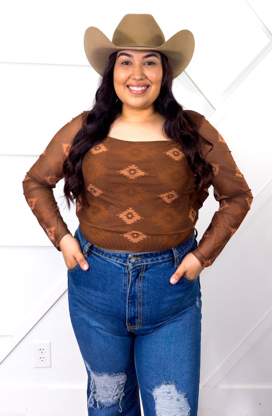 Southwestern Aztec Mesh Top, Brown