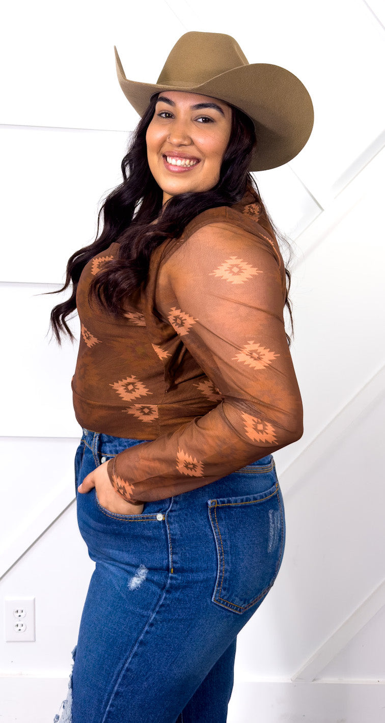 Southwestern Aztec Mesh Top, Brown