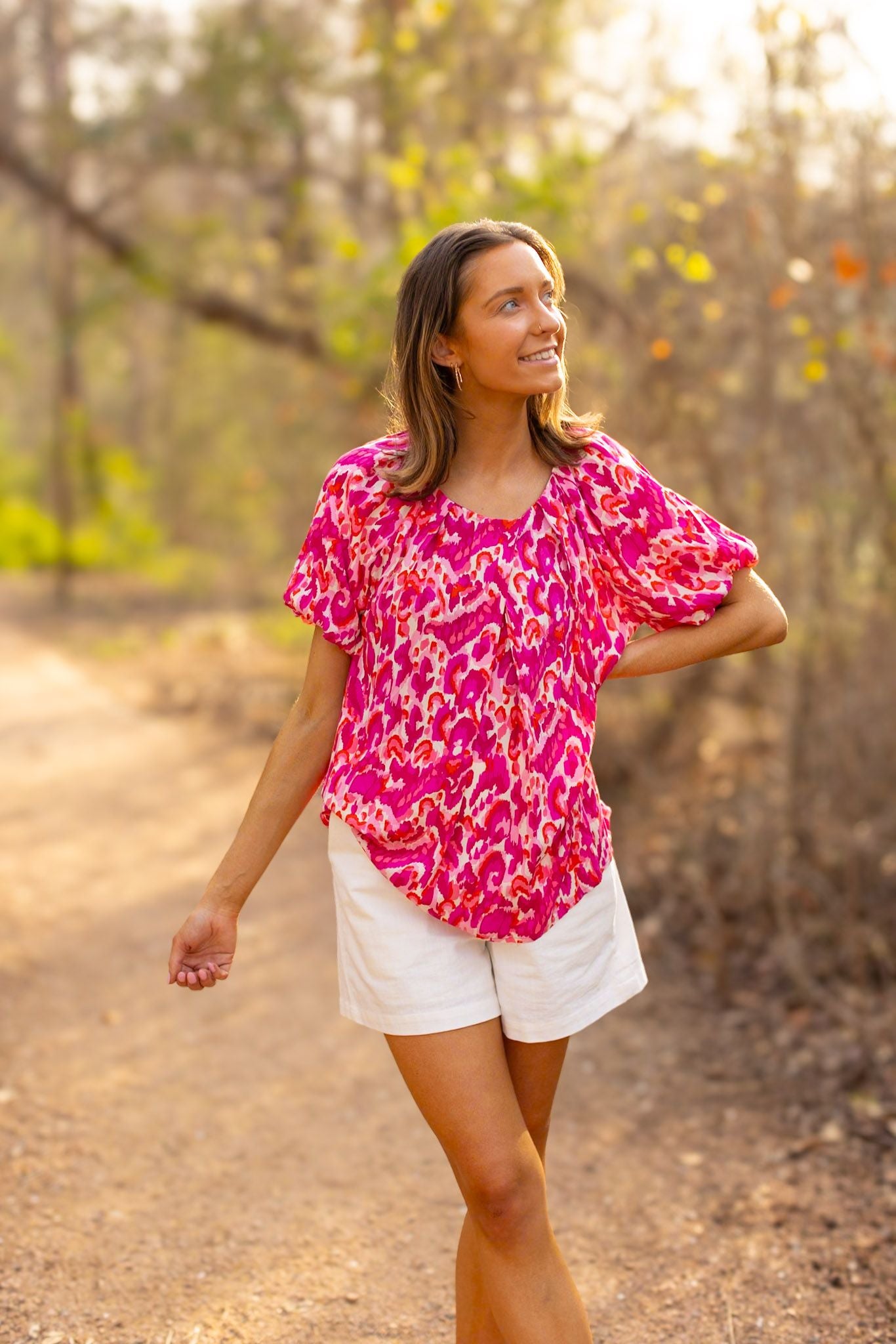 Watercolor Leopard Puff-Sleeve Blouse, Pink