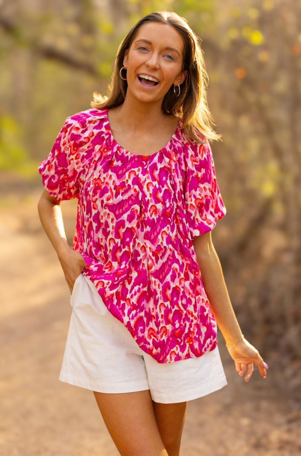 Watercolor Leopard Puff-Sleeve Blouse, Pink