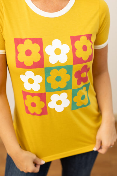 Checkered Flowers Ringer Tee, Mustard