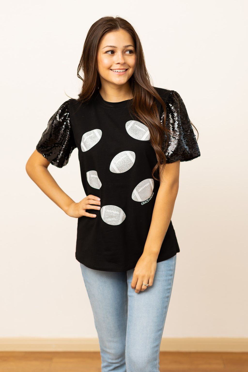 Glitter Football On Black Sequin Sleeve