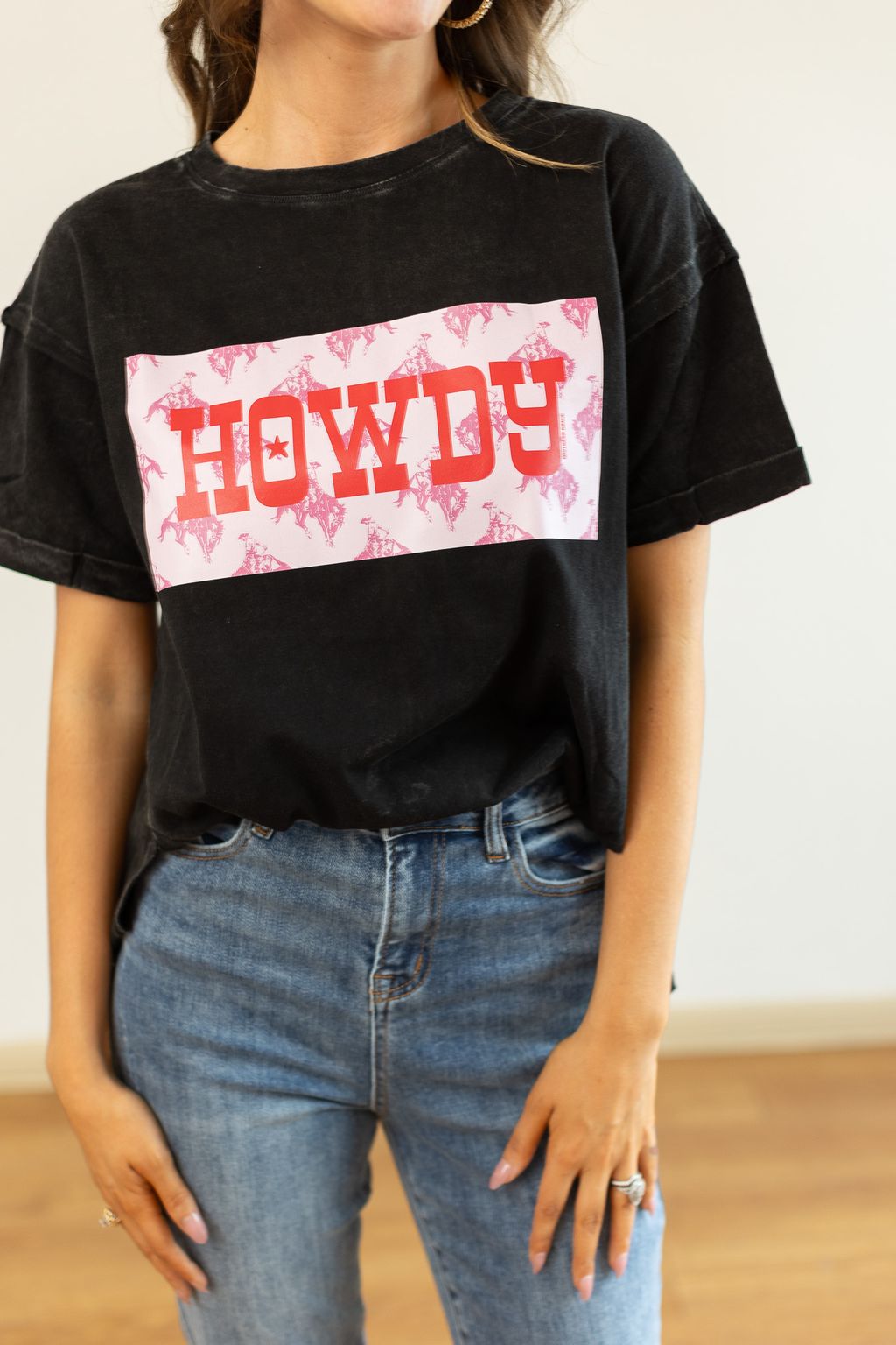 Howdy on Black Split Hem Top