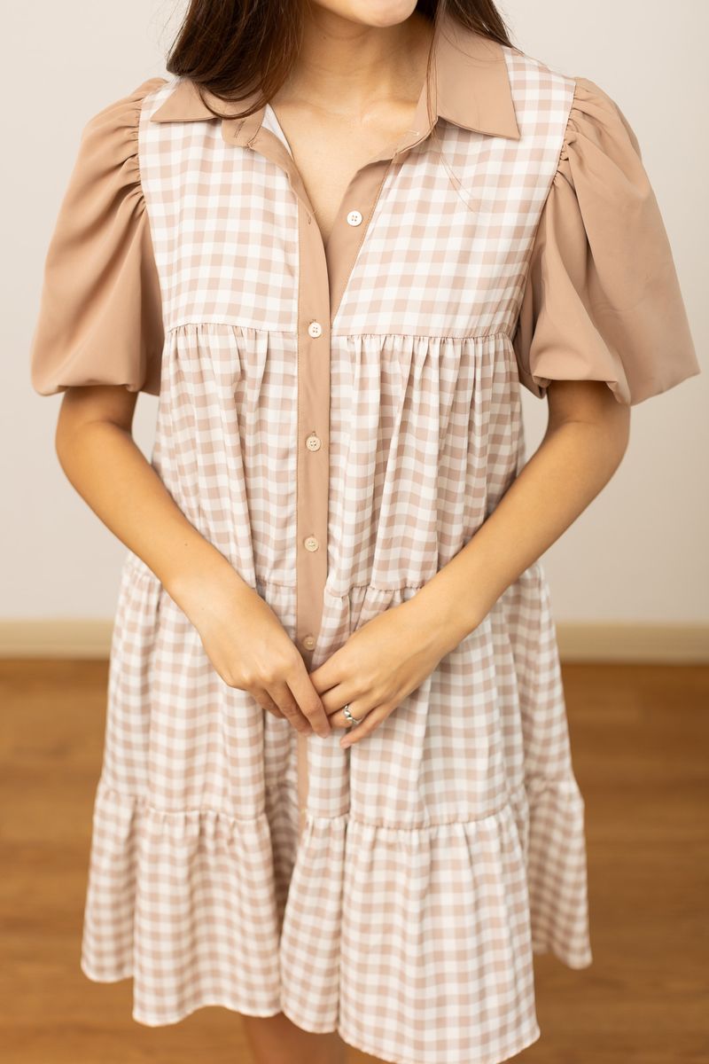 Brown Gingham Button Down Dress