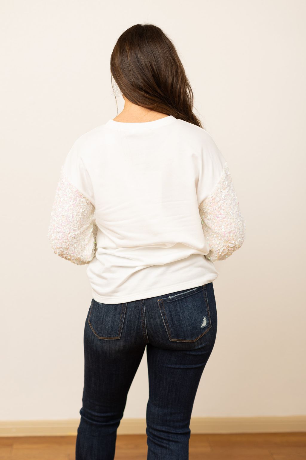 Merry White Sweatshirt with Sequin Sleeves