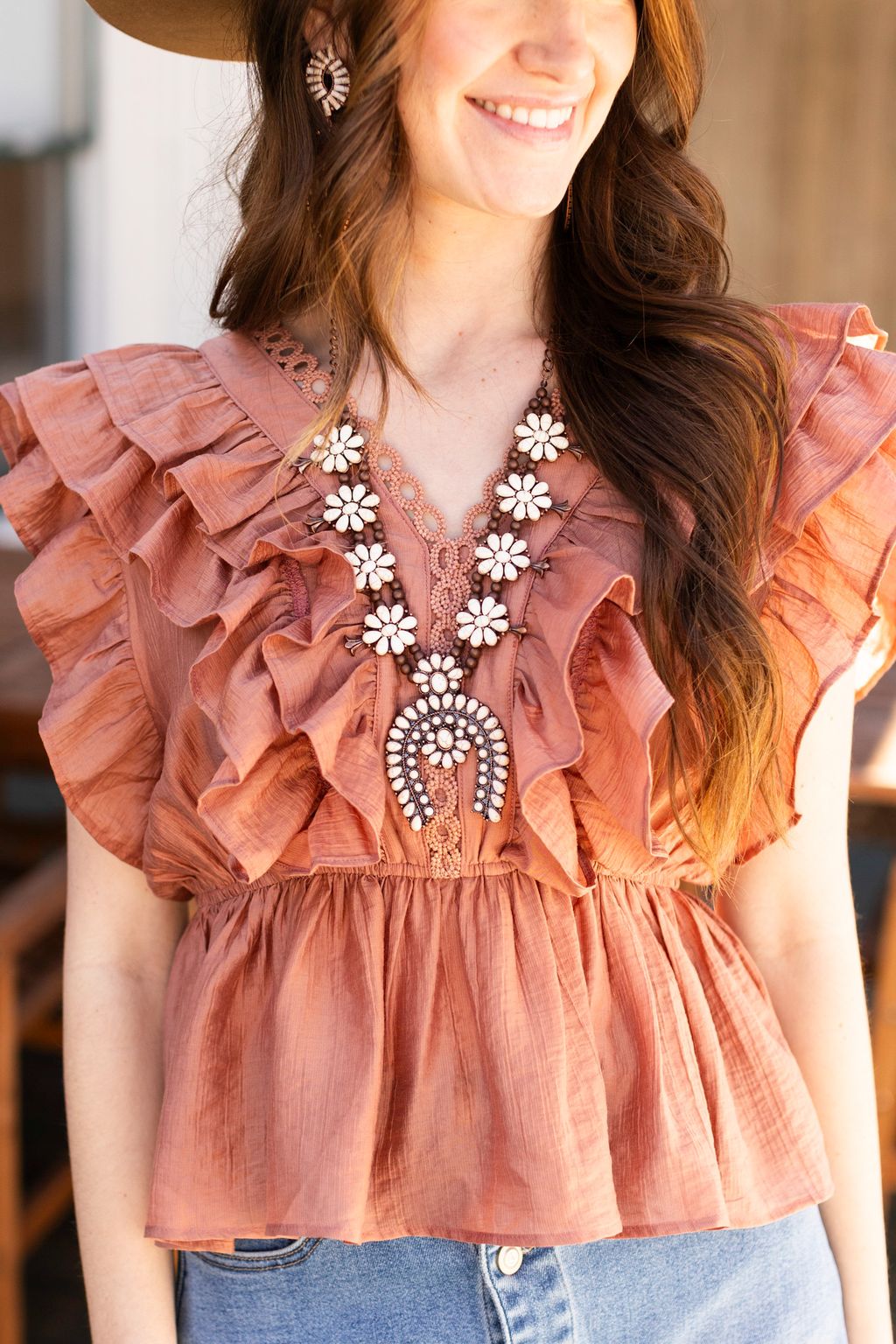 White Cream & Copper Squash Blossom Necklace