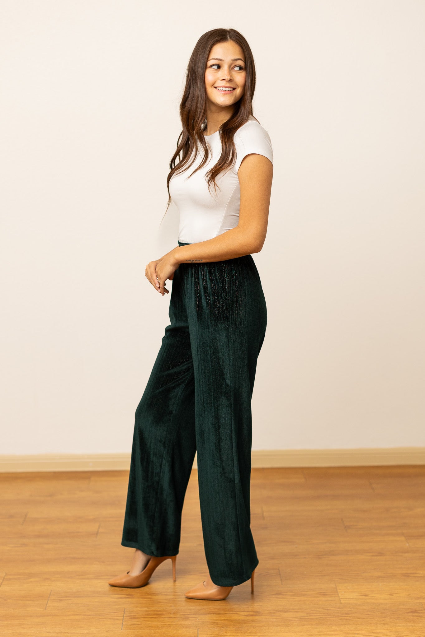 Velvet Straight-Leg Pants, Green