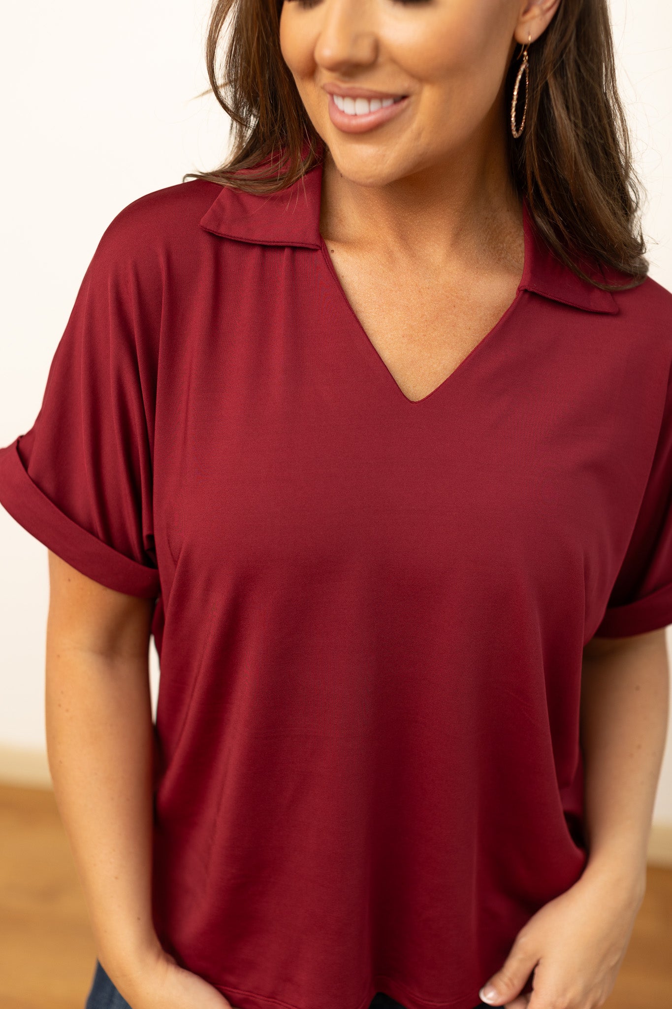 Cara Collared Top, Maroon