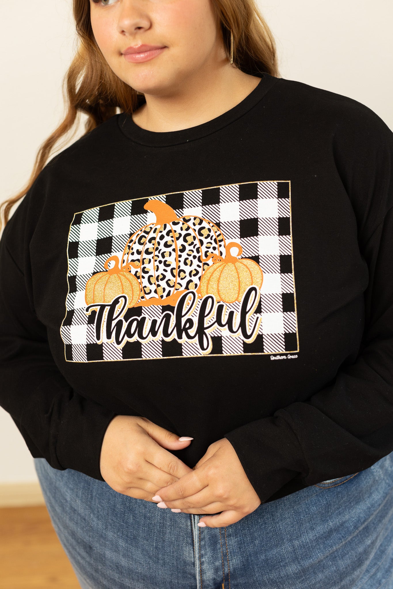 Gingham Thankful on Black Crop Sweatshirt