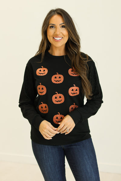 Sequin Pumpkins on Black Sweatshirt