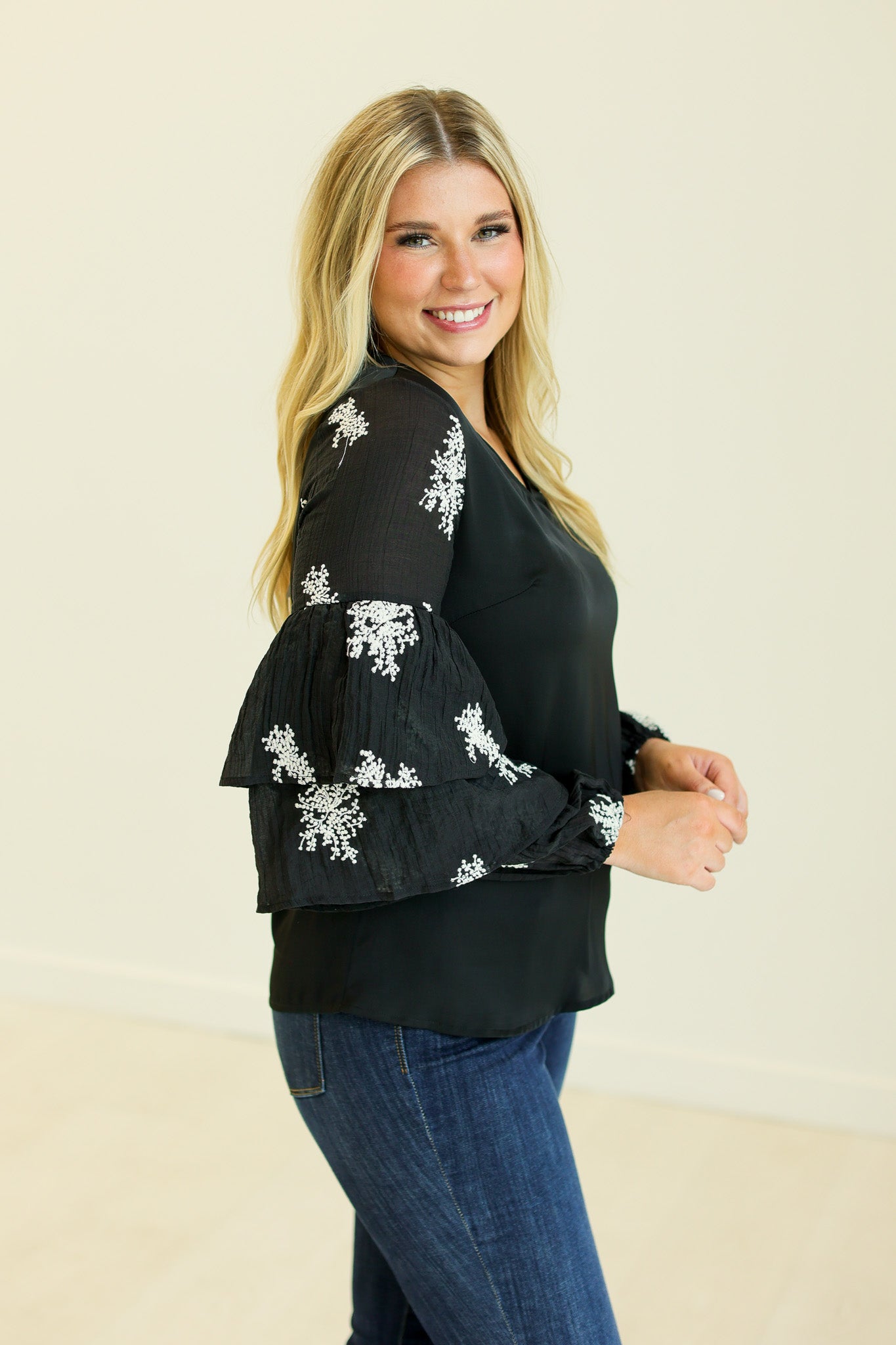 V-Neck Top with Embroidered Sleeves