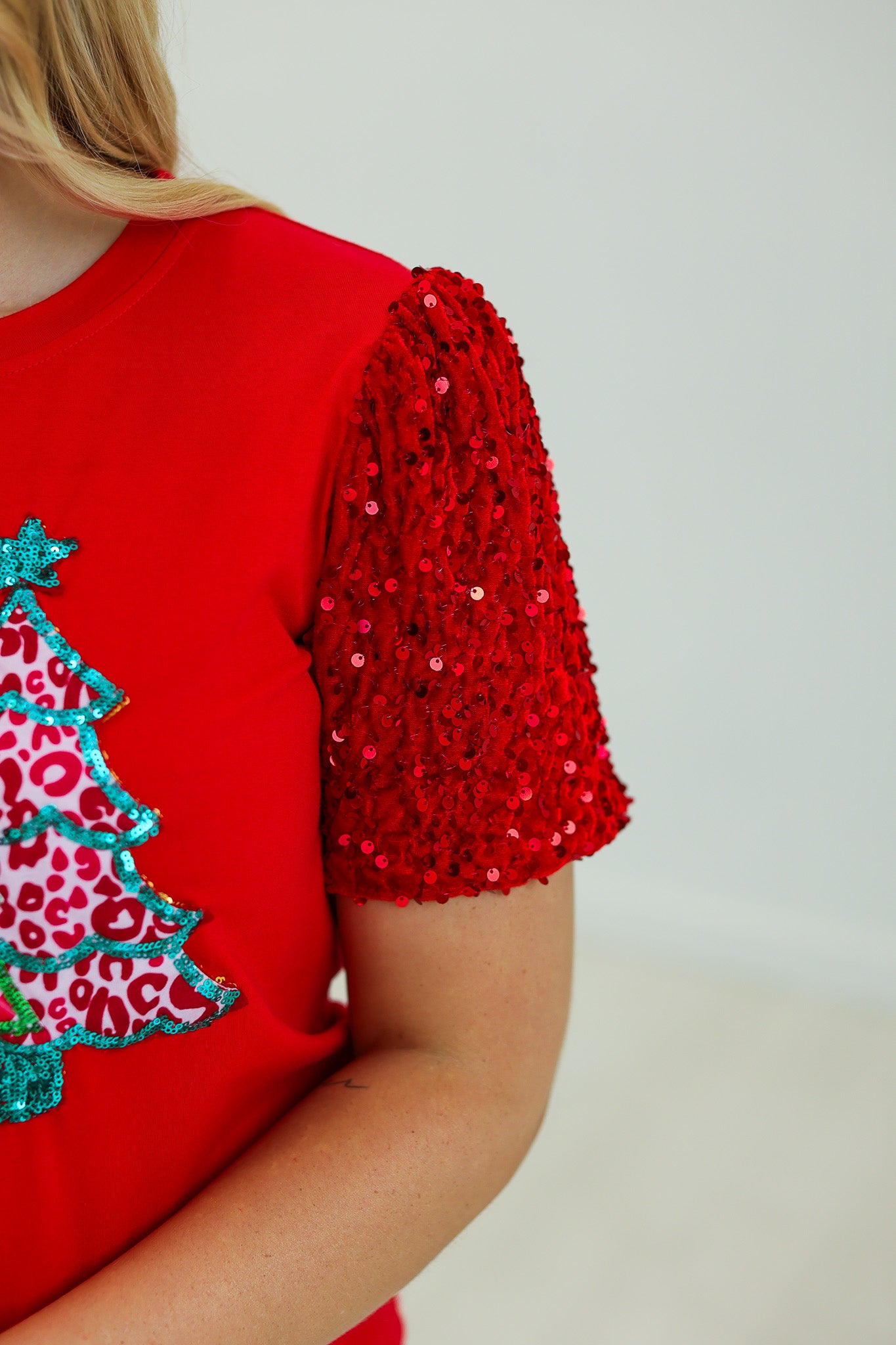 Festive Forest on Red T-Shirt with Sequin Velvet Sleeves