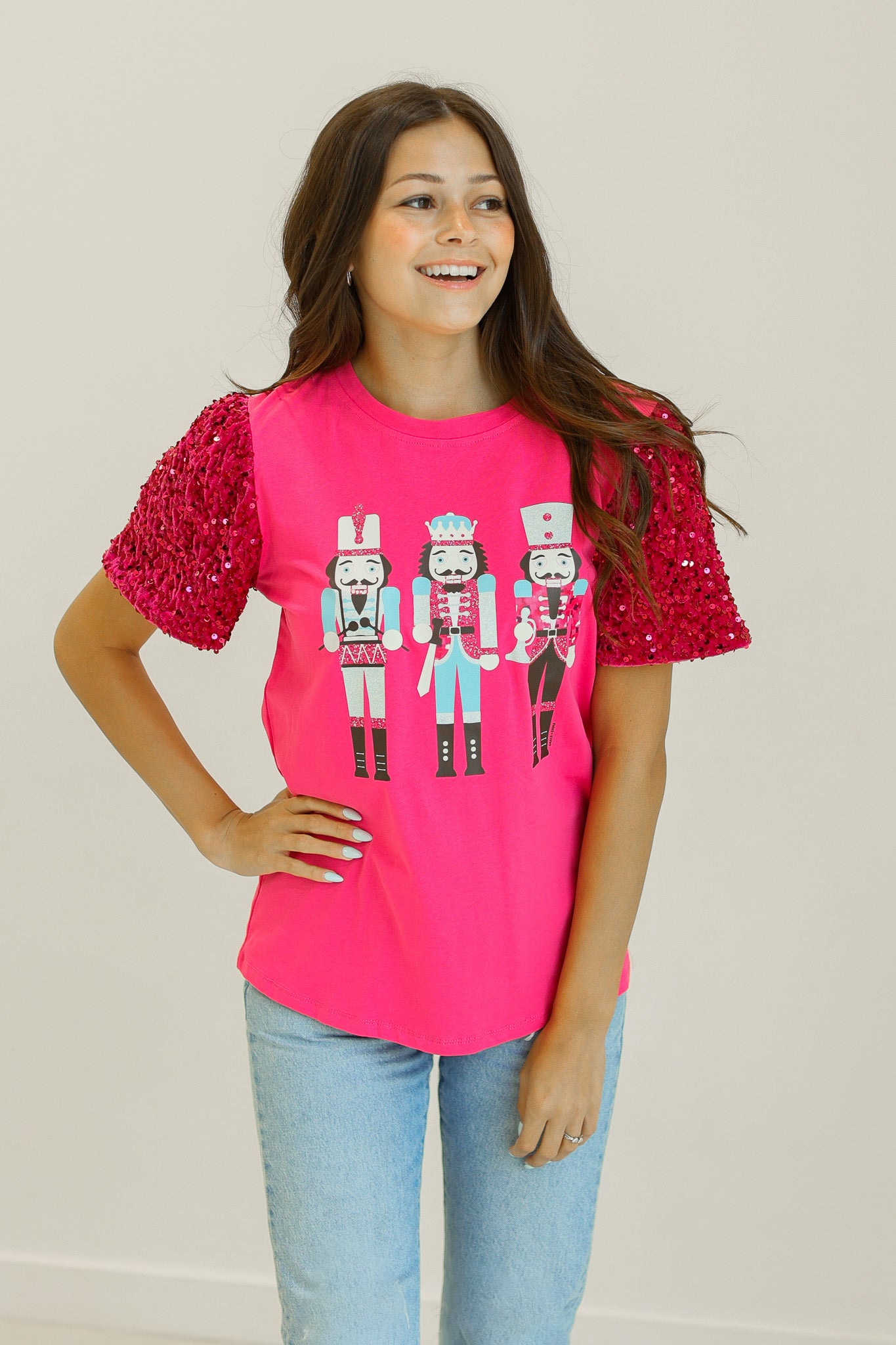 Nutcracker Graphic on Pink T-Shirt with Velvet Sequin Sleeves