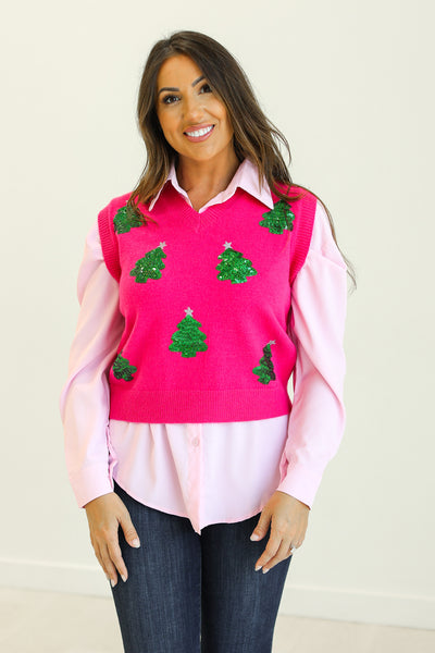 Hot Pink Sequins Tree Sweater Vest