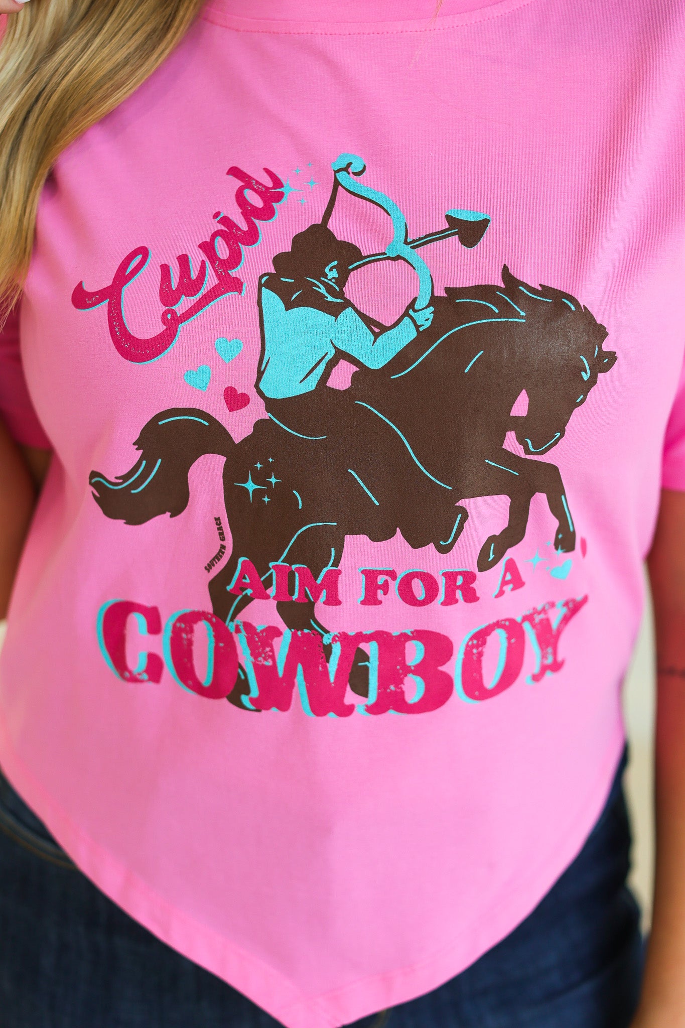 Cupid Aim for a Cowboy V-Hem Top, Pink