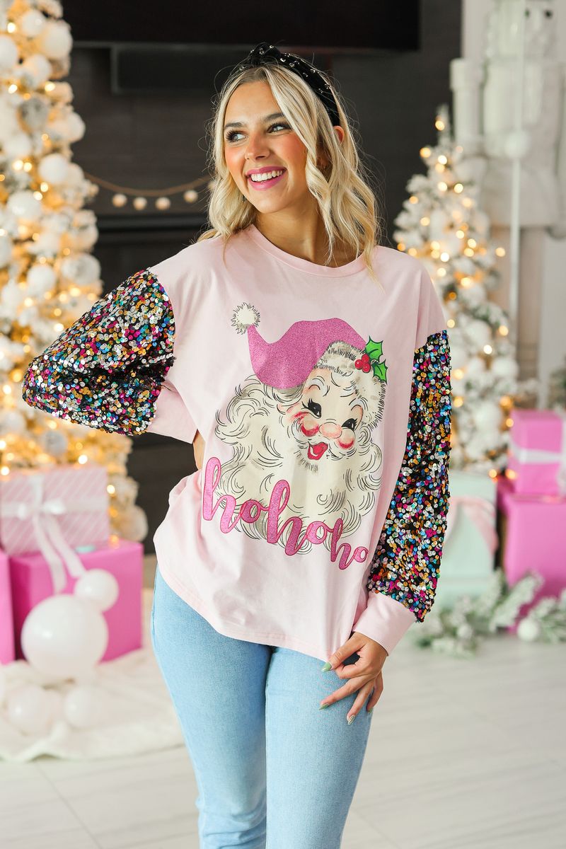 Santa on Pink Sweatshirt with Sequin Sleeves