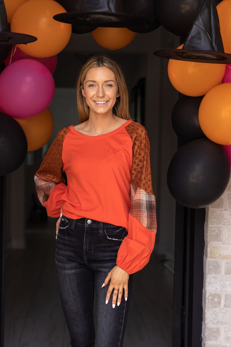 So Confident Orange Plaid & Glitter Sleeve Top