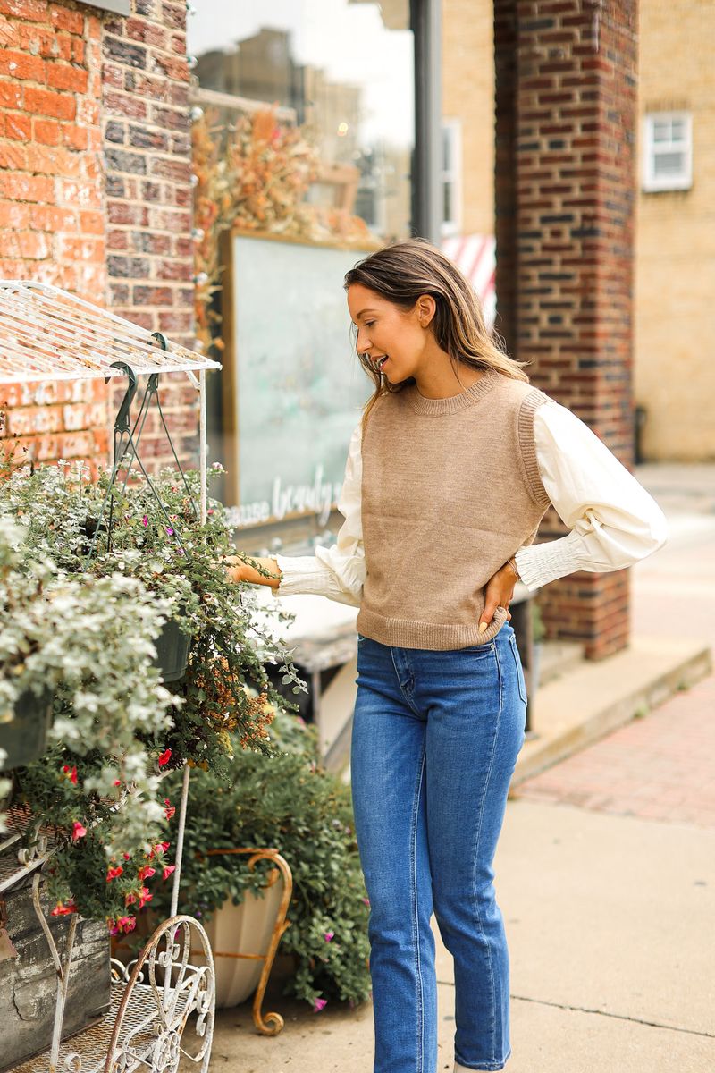 Tan Sweater Vest with Cream Sleeves