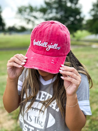 White Football Y'all Embroidery on Bright Red Hat