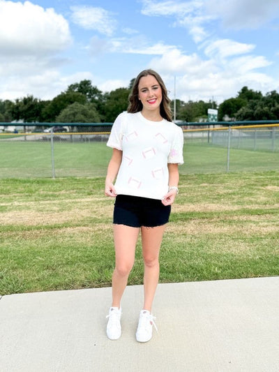 Footballs on White Top with Sequin Sleeve