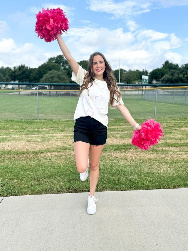 Footballs on White Top with Sequin Sleeve