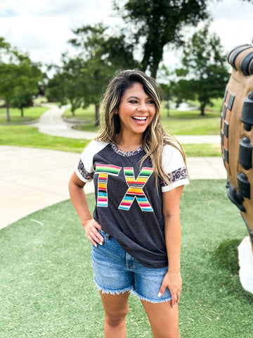 Serape TX on Grey Raglan with Leopard Accents