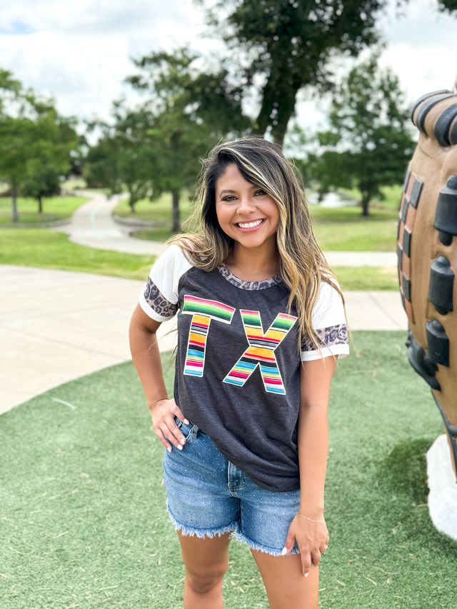 Serape TX on Grey Raglan with Leopard Accents