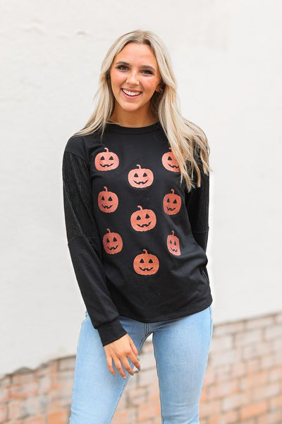 Sequin Pumpkins on Black Sweatshirt