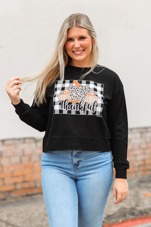 Gingham Thankful on Black Crop Sweatshirt