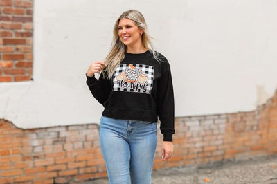 Gingham Thankful on Black Crop Sweatshirt