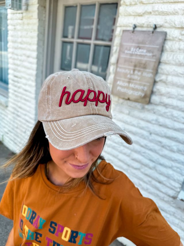 Burgundy Happy Embroidery on Beige Hat