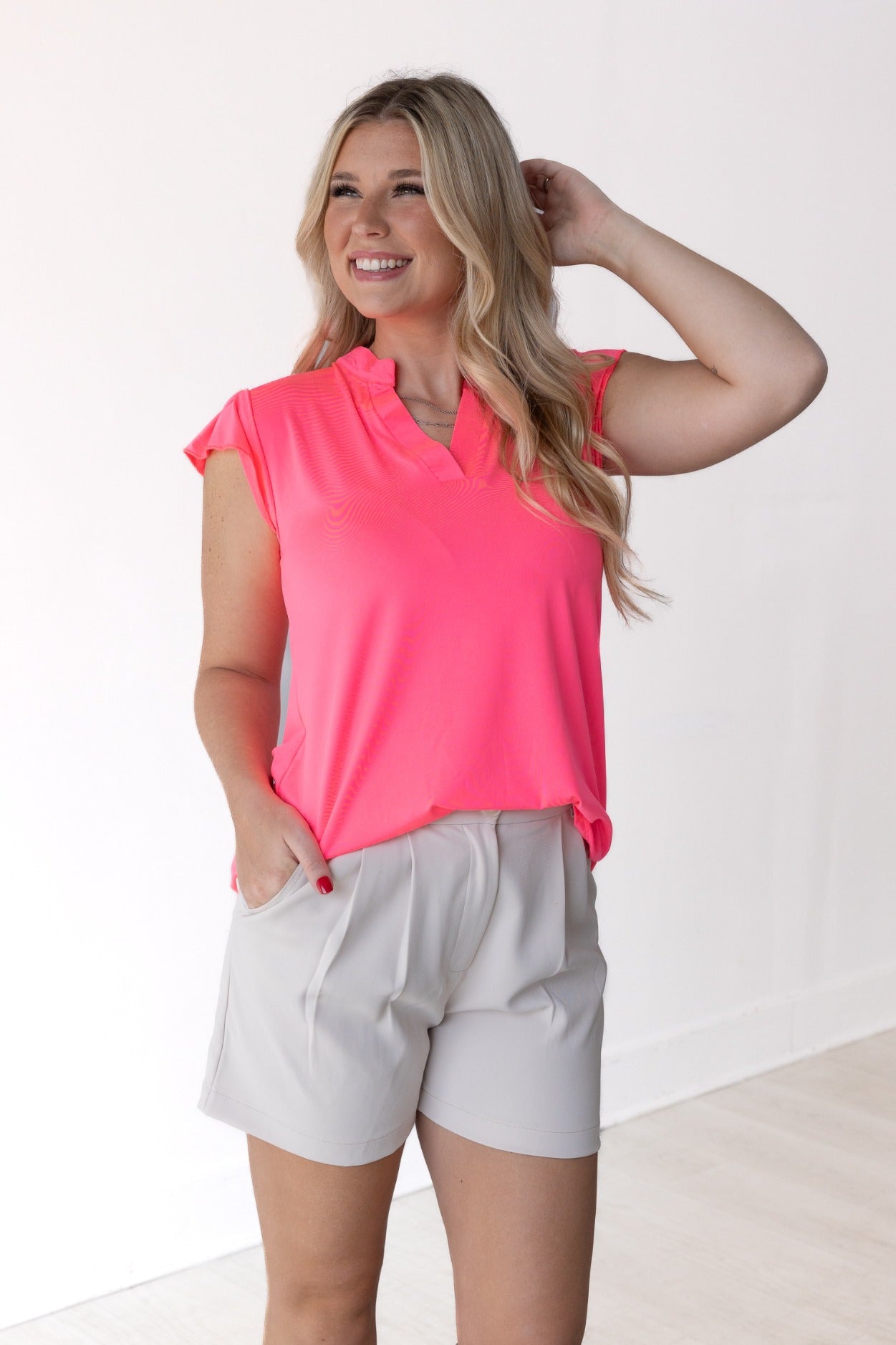 The Nicole V-Neck Top, Neon Pink