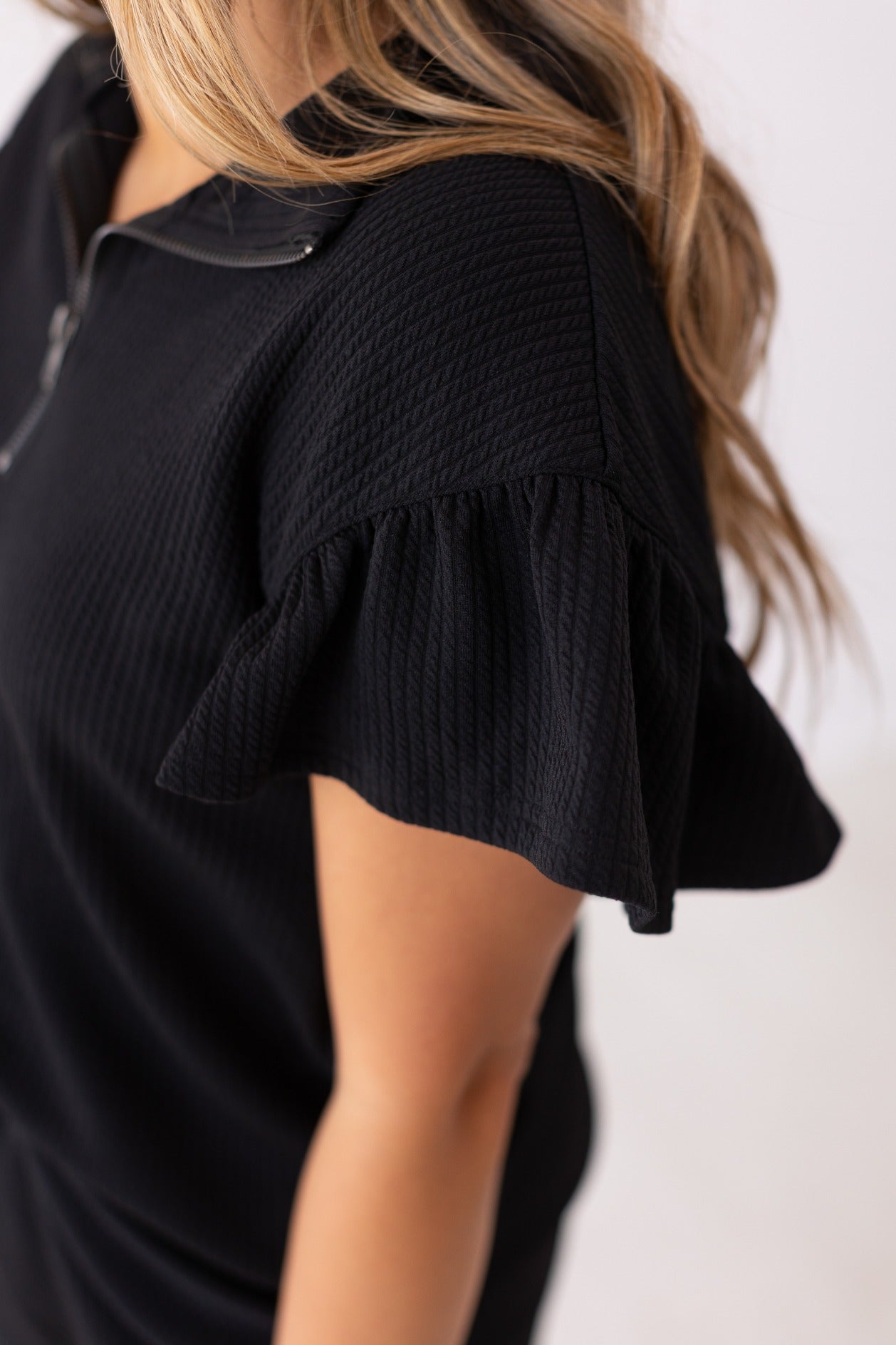 Black Quarter Zip with Flutter Sleeves