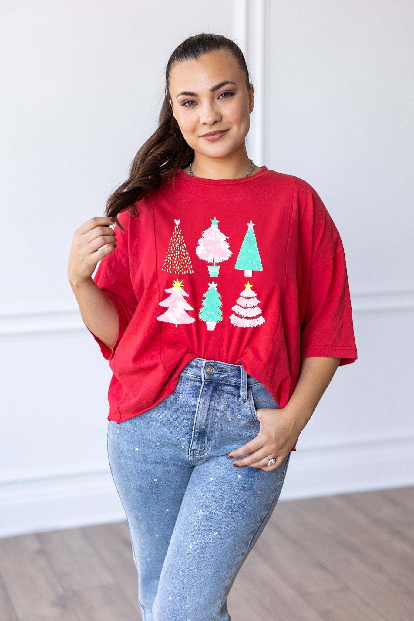 Christmas Trees on Red Boxy Crop Top