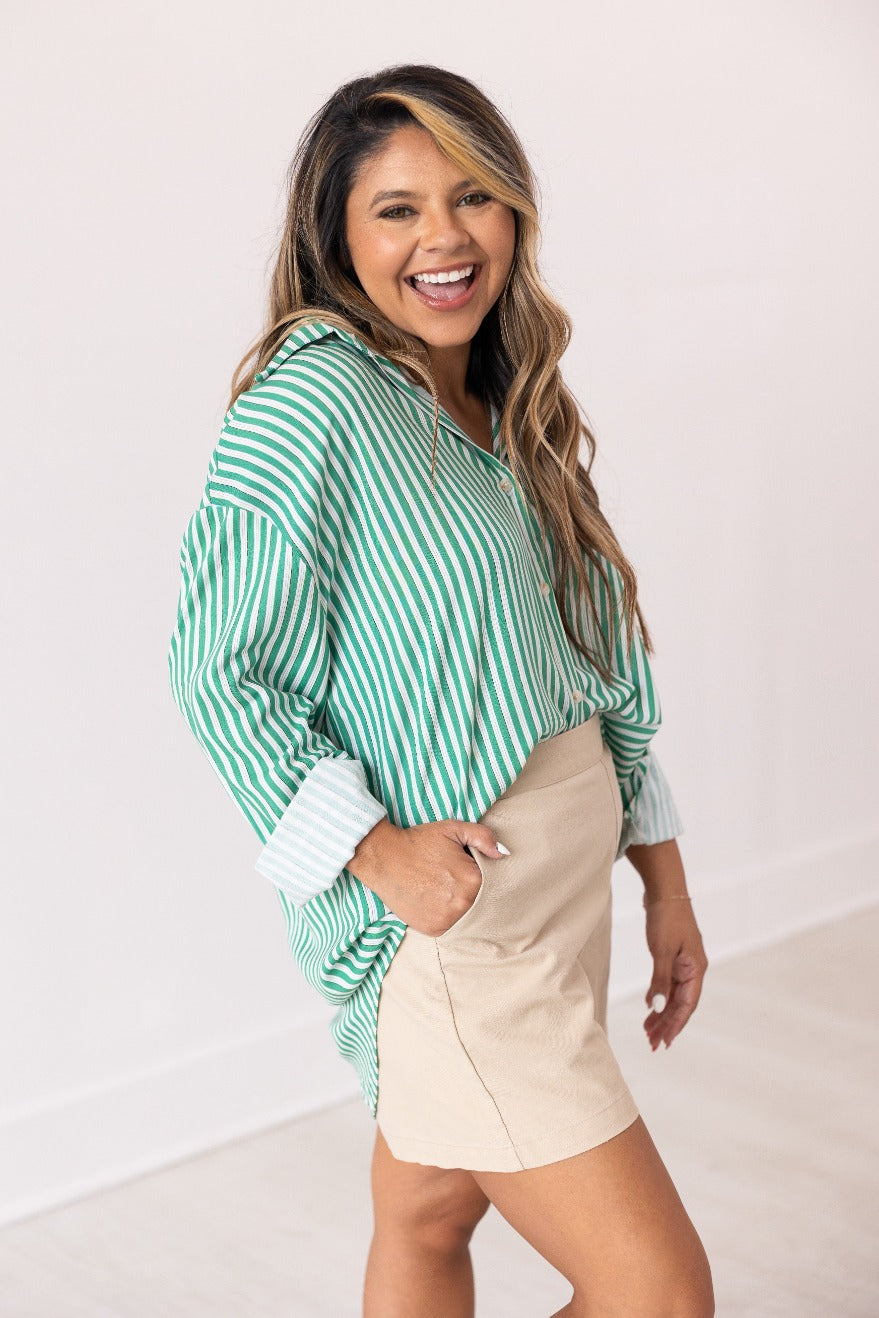 The Kathryn Button-Up, Striped Green