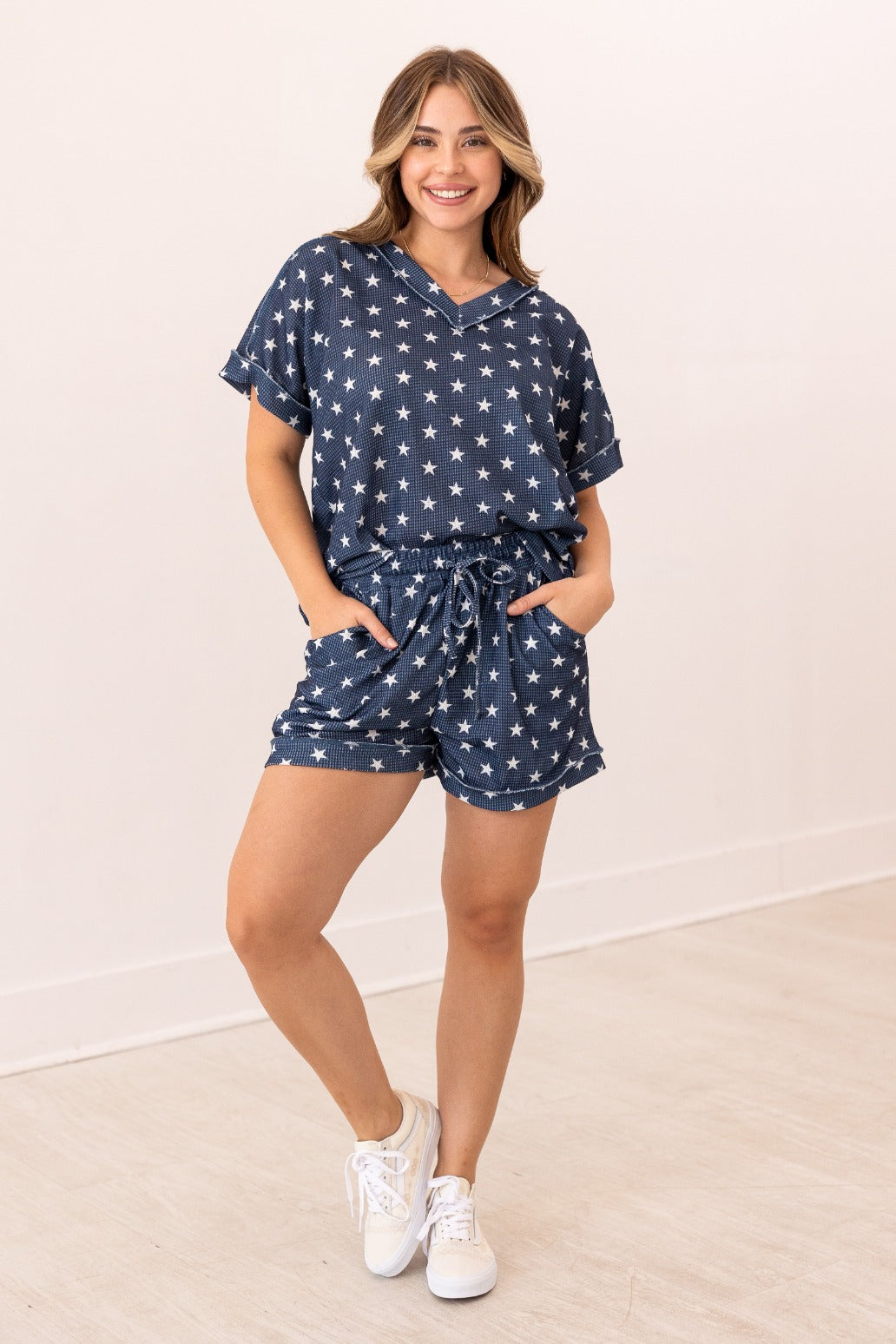 Navy Stars Waffle Knit Shorts