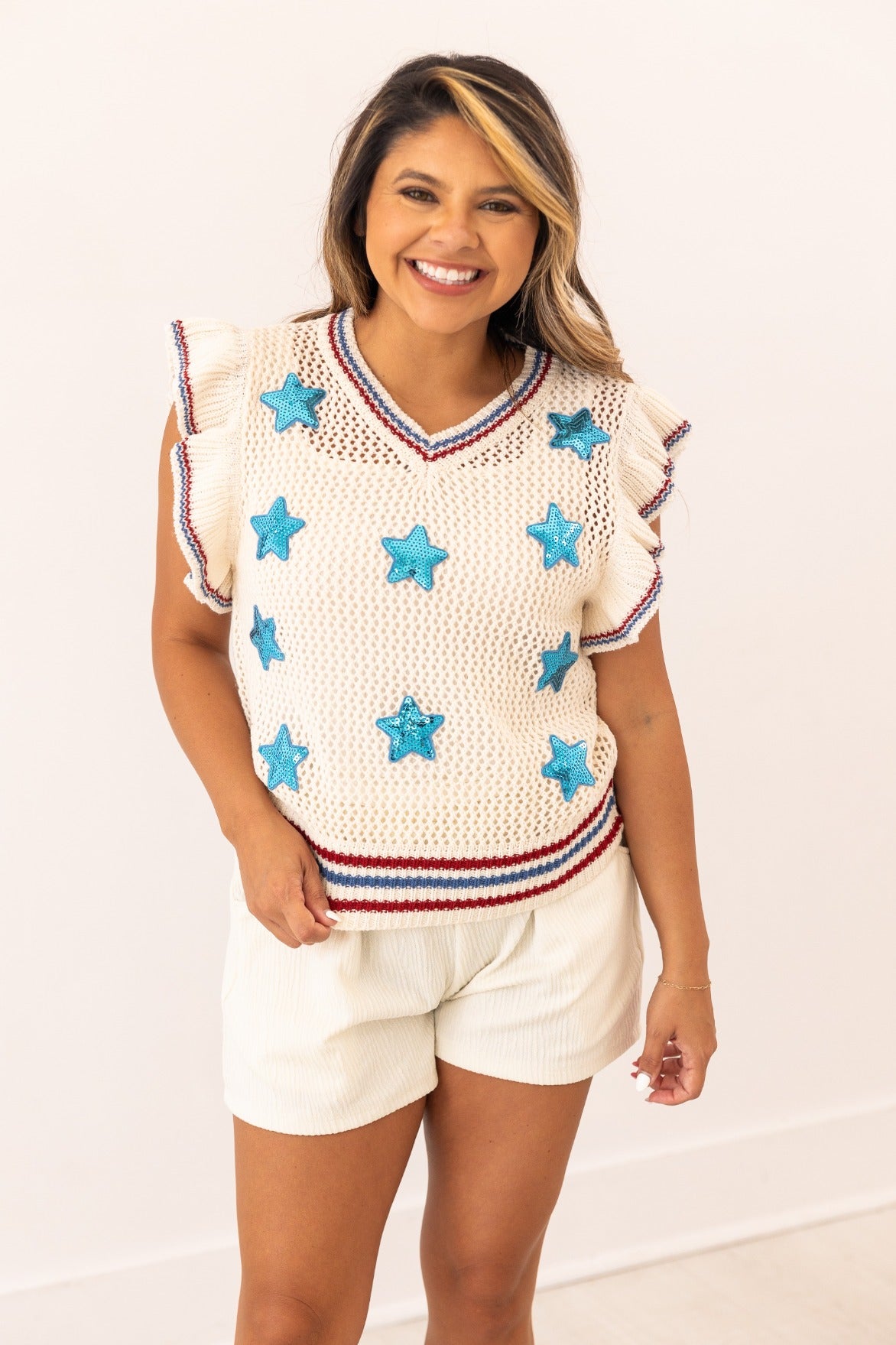 Knit Vest With Sequin Stars Patches
