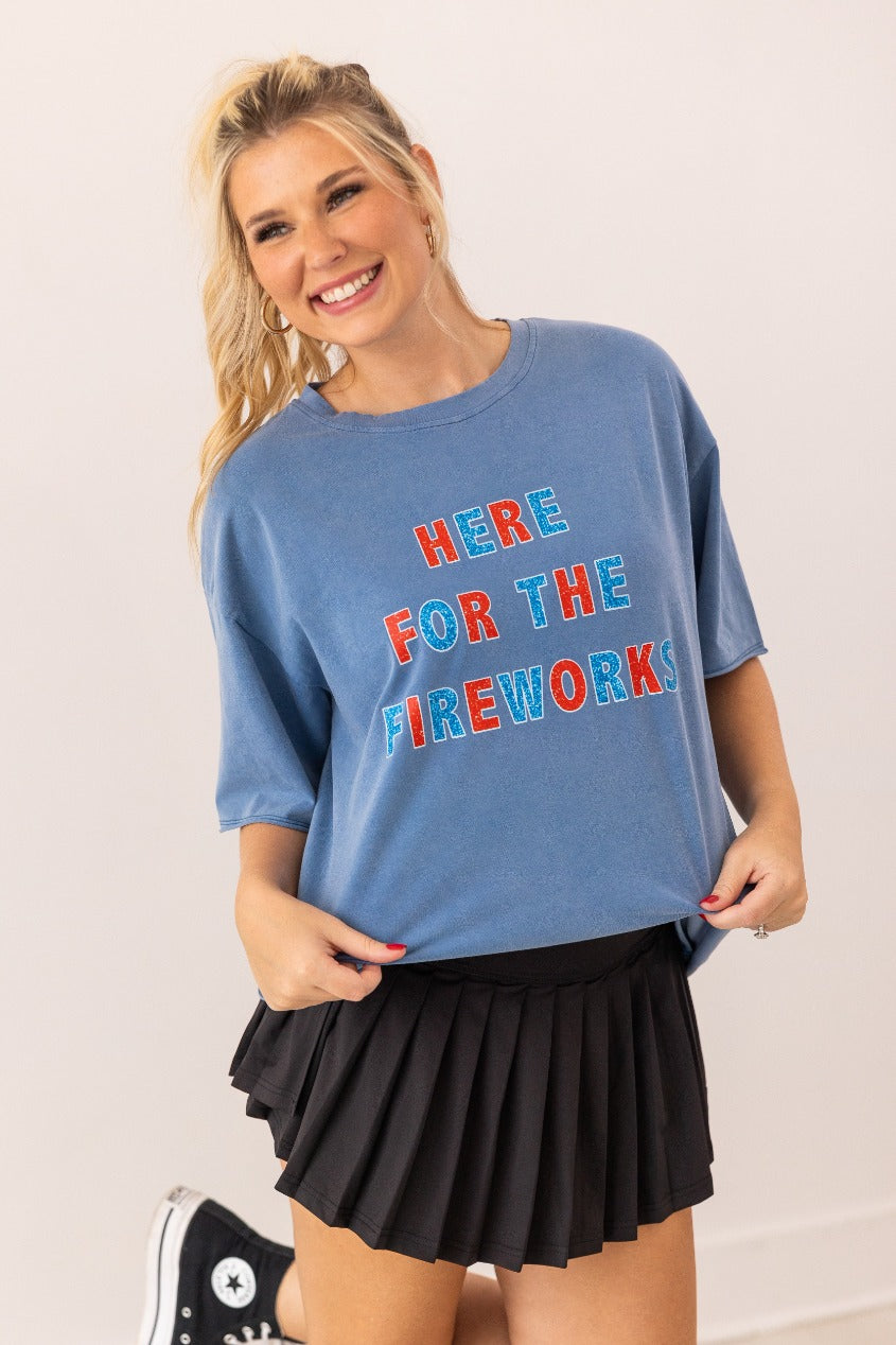 "Here For Fireworks" On Blue Relaxed Fit Tee