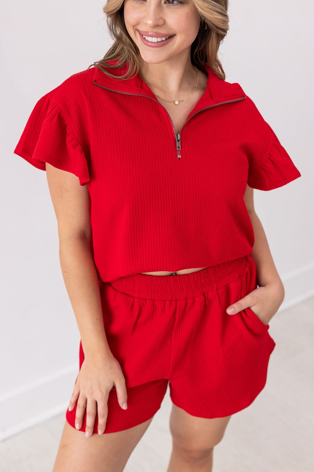 Red Quarter Zip with Flutter Sleeves