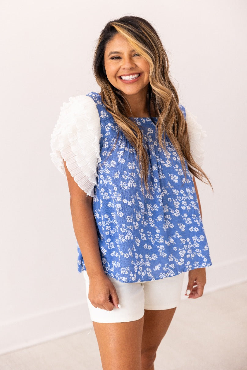 Blue Floral Blouse Ruffle Sleeve