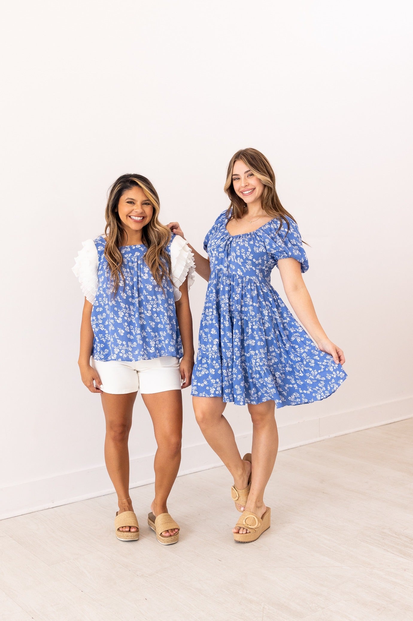 Blue Floral Blouse Ruffle Sleeve