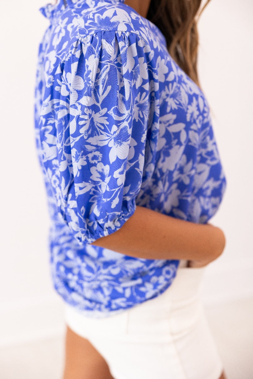 Blue Floral Puff Sleeve Blouse