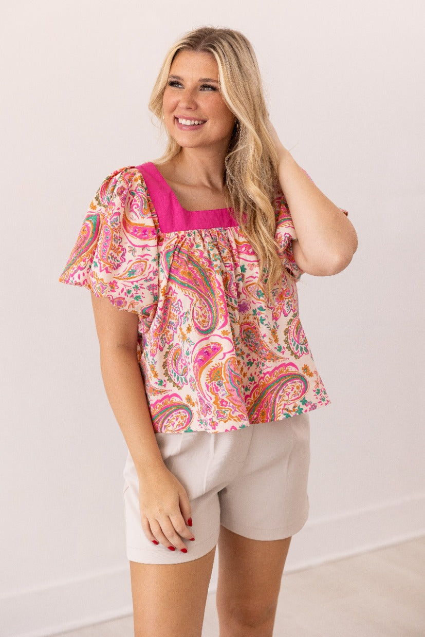 Pink Paisley Puff Sleeve Blouse