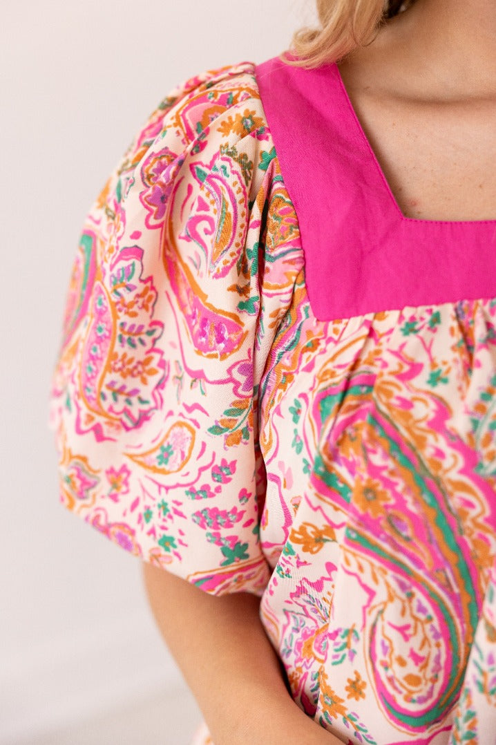 Pink Paisley Puff Sleeve Blouse