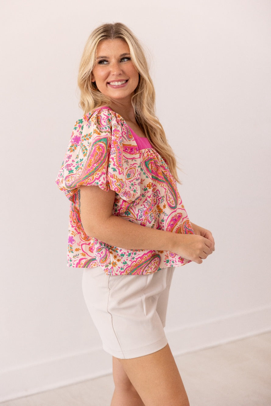 Pink Paisley Puff Sleeve Blouse