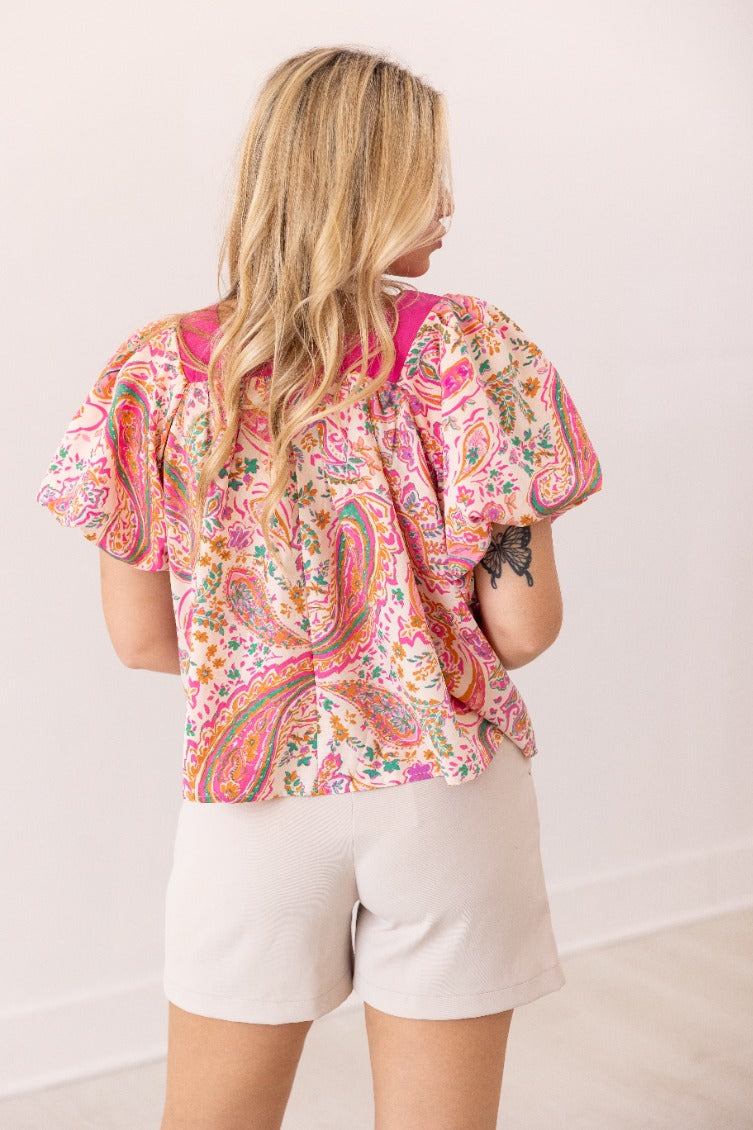 Pink Paisley Puff Sleeve Blouse