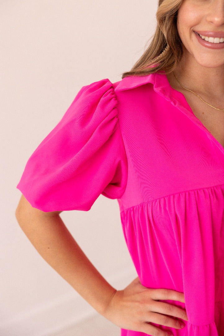 Hot Pink Puff Sleeve Button-Up Dress