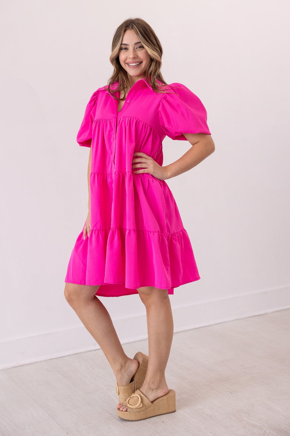 Hot Pink Puff Sleeve Button-Up Dress